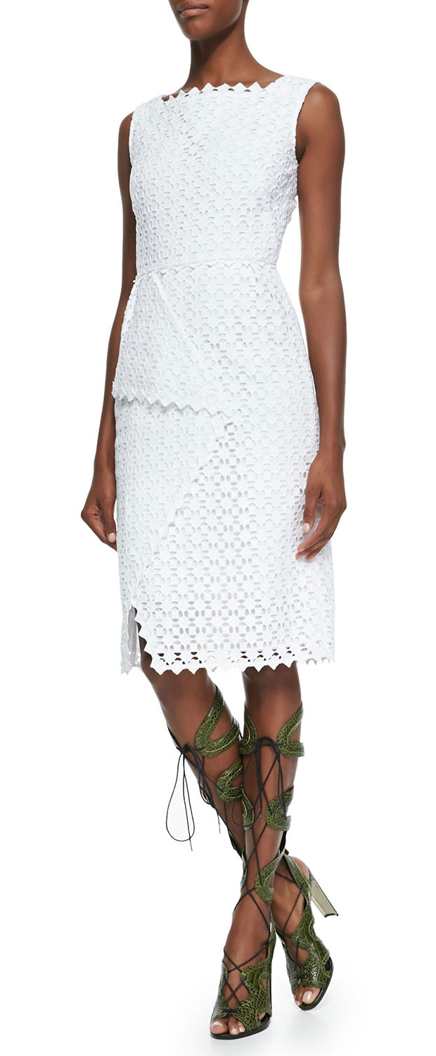 GET THE LOOK: Erdem, Sleeveless Square-Neck Lace Dress, $2,130 > 