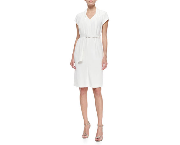 GET THE LOOK: Escada, Short-Sleeve Belted Drape-Collar Dress, $1,450 > 