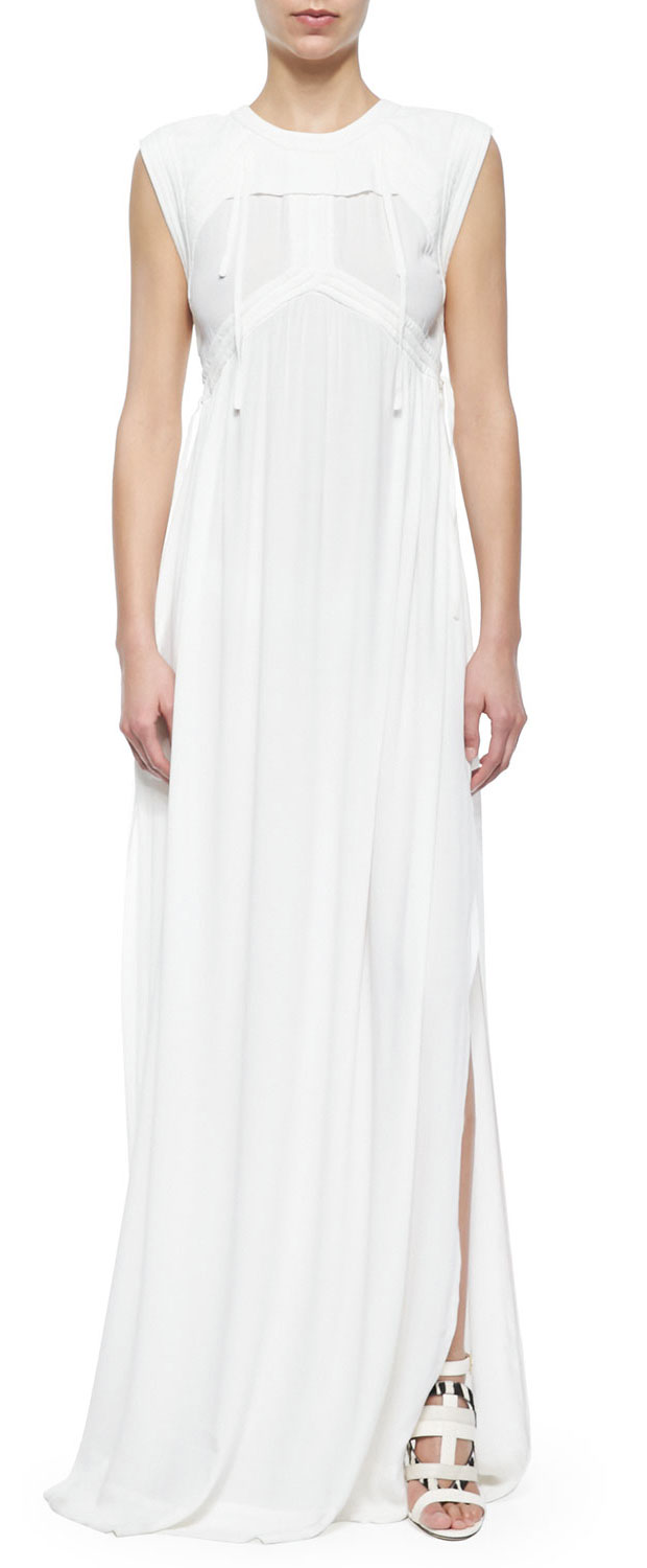 GET THE LOOK: IRO, Cap-Sleeve Pleated Long Dress, $508 > 