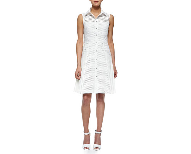 GET THE LOOK: Lela Rose, Side-Pleated Mesh Shirtdress, $1,195 > 