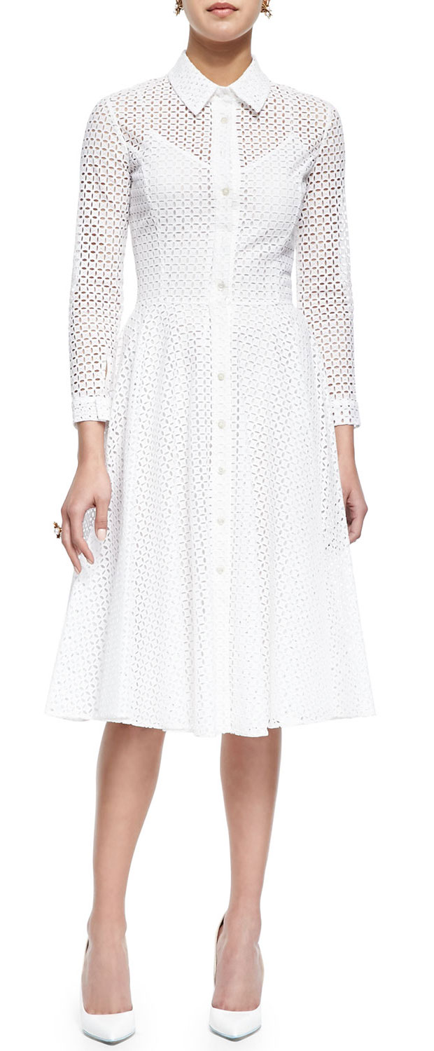 GET THE LOOK: Oscar de la Renta, Swiss Allover Eyelet Shirtdress, $ 3,290 > 
