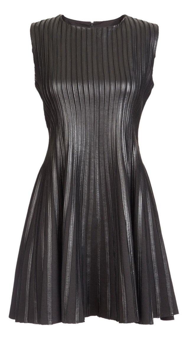GET THE LOOK: Scoop, Fit & Flare Strip Leather Dress, SALE $299 >