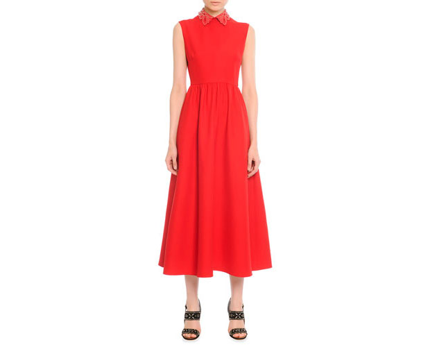 GET THE LOOK: Valentino, Leather Collared Tea-Length Dress, $4,990 > 