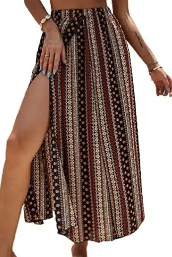 Verdusa Women's High Split Tribal Print Striped Boho Elastic Waist Long Skirt