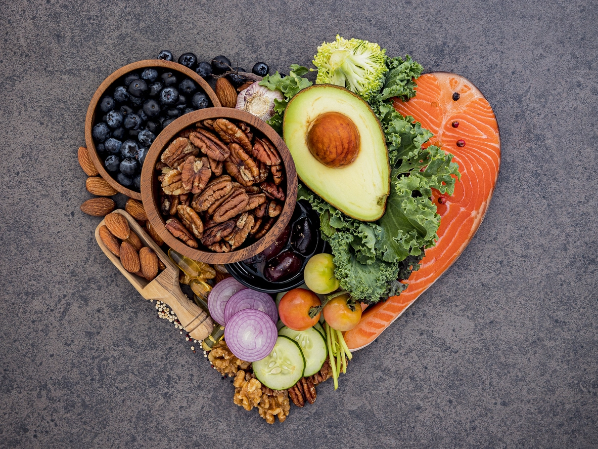 Eating wisely with fish, veggies, fruits, and nuts.
