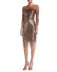 Monique Lhuillier Sequined Ombre Illusion 3/4 Sleeve Dress, Bronze