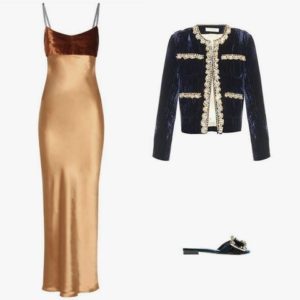 Acne Studios Elina satin and velvet slip dress; Acne Studios Elina satin crushed velvet jacket; Miu Miu crystal-embellished velvet mules