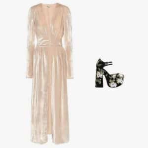 Attico velvet robe dress; Rochas embroidered velvet pumps