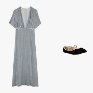 Ganni velvet maxi dress; Valentino Rockstud ballet velvet ballerinas