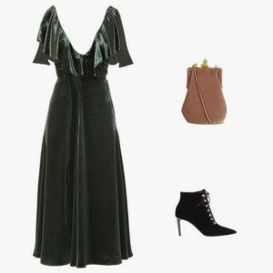 Valentino deep V-neck velvet midi dress; Saint Laurent Bijoux velvet shoulder bag; Balenciaga velvet ankle boots