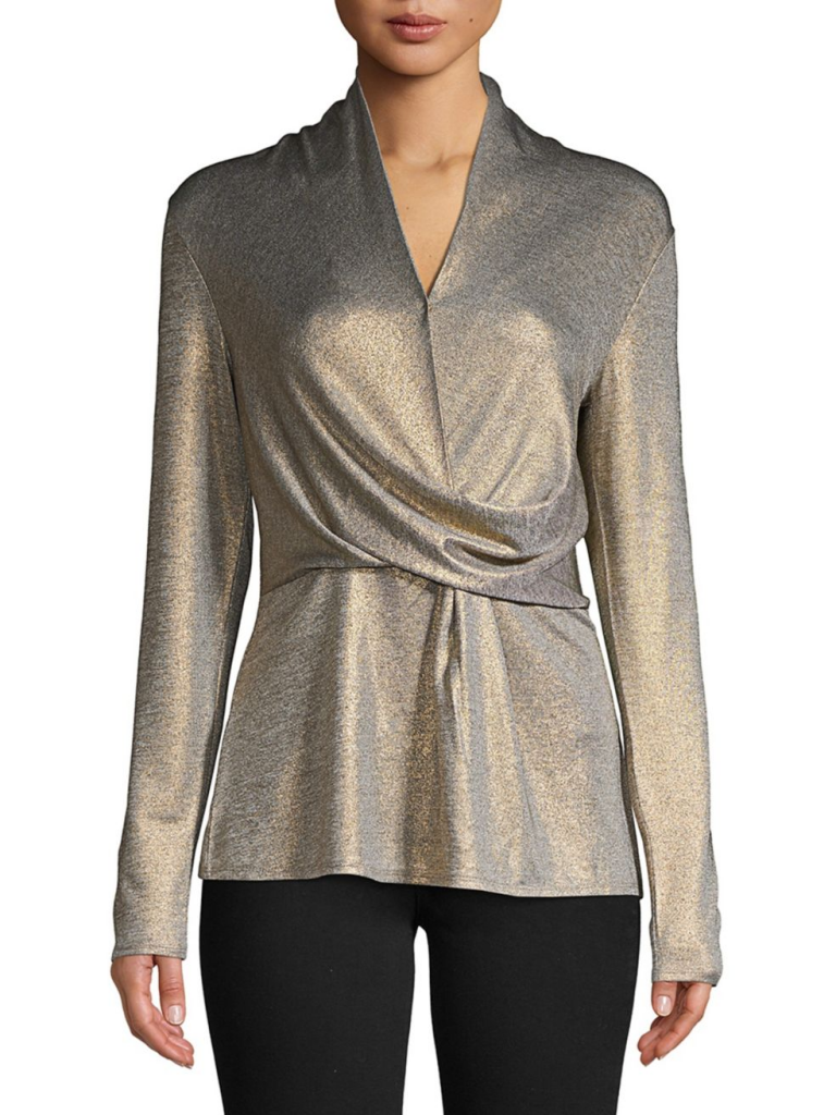 H Halston Drape-Front Long-Sleeve Top