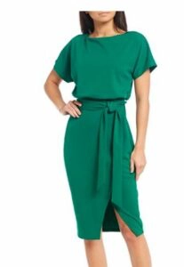 Kensie Textured Knit Boat Neck Tie Waist Short Sleeve Blouson Dress