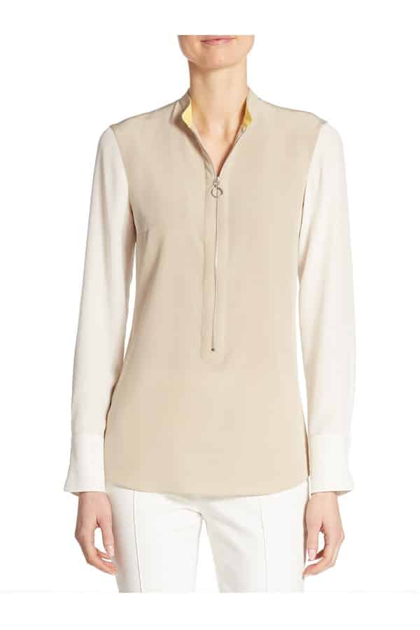 Zip-Front Colorblock Silk Blouse