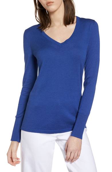 Halogen® Cotton Blend V-Neck Sweater