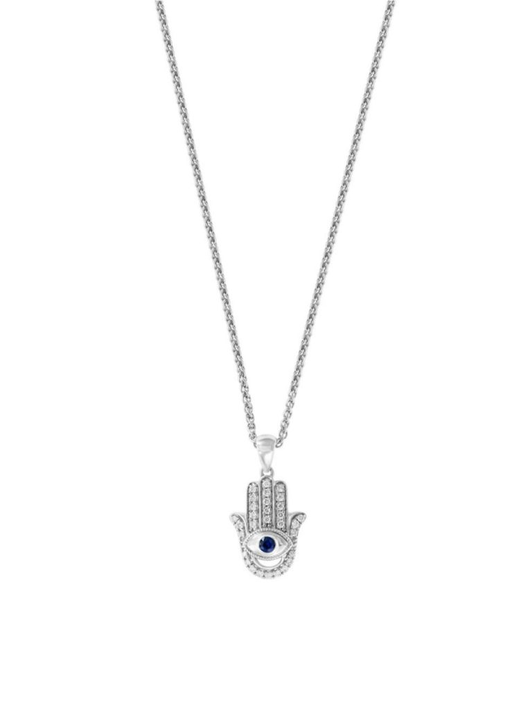 Effy, Sterling Silver, Diamond and Sapphire Hamsa Pendant Necklace
