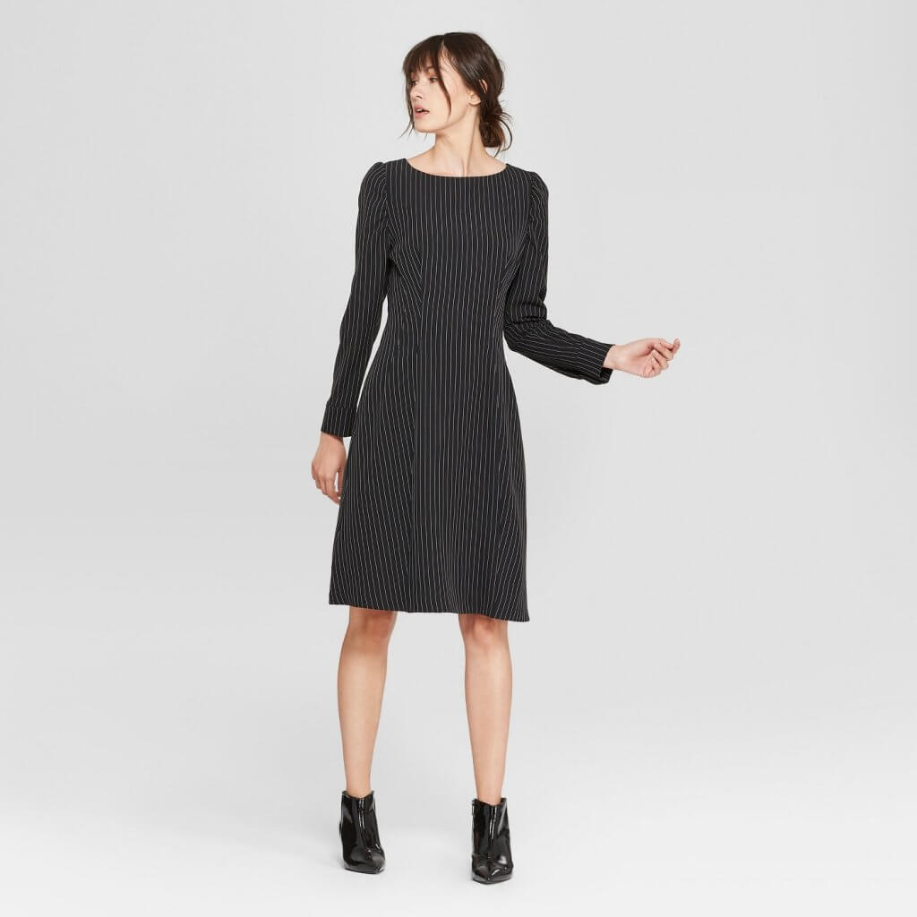 Pinstriped Long Sleeve Boat Neck Midi Dress
