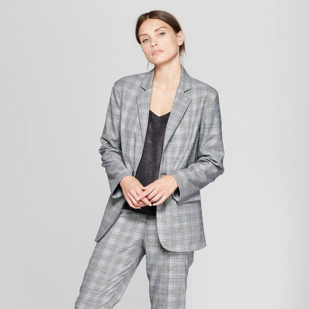 Plaid Long Sleeve Oversized Slouchy Collared Blazer