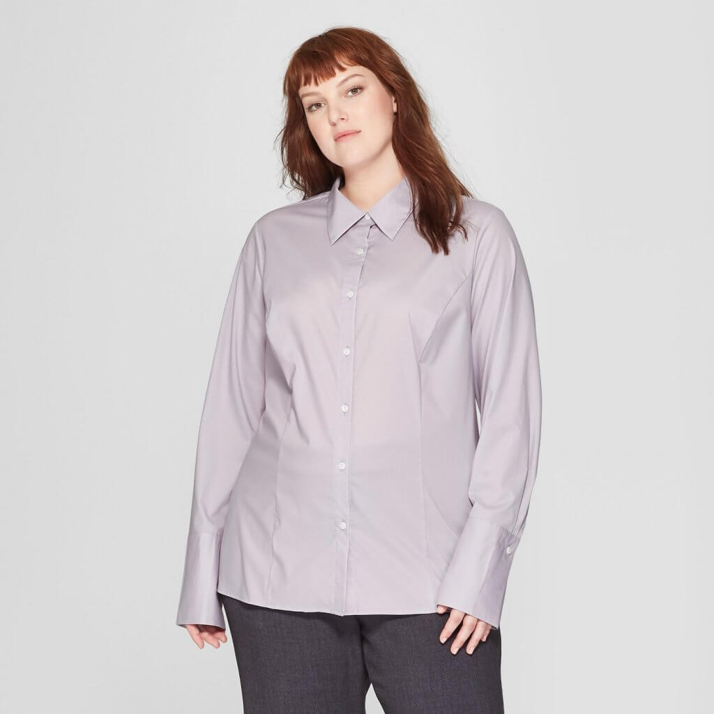 Plus Size Long Sleeve Fitted Button-Down Collared Shirt