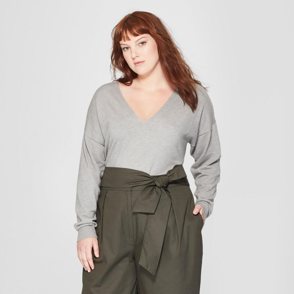 Plus Size Long Sleeve V-Neck Pullover Sweater