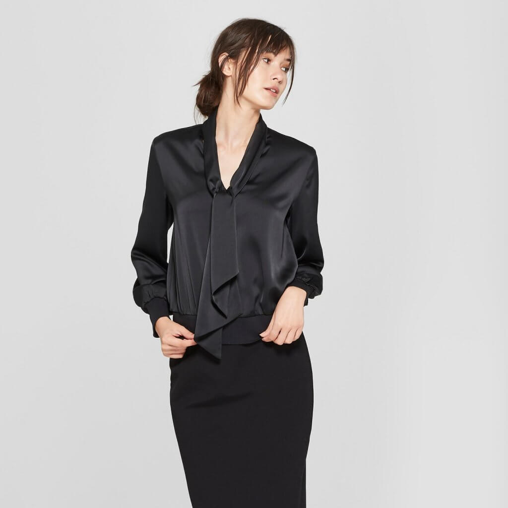Long Sleeve Silky Tie Knot Blouse