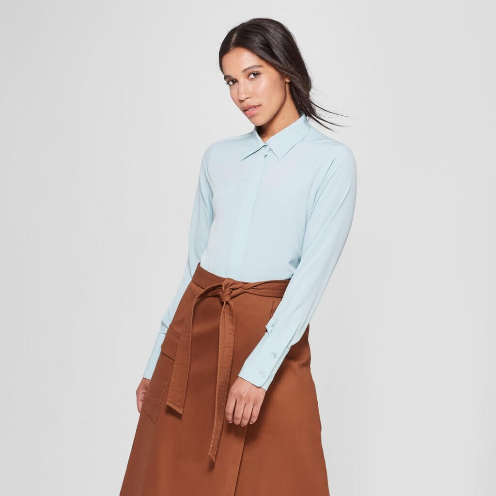 Long Sleeve Collared Button-Down Blouse