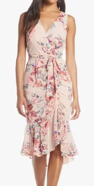 Floral Ruched Chiffon Faux Wrap Dress