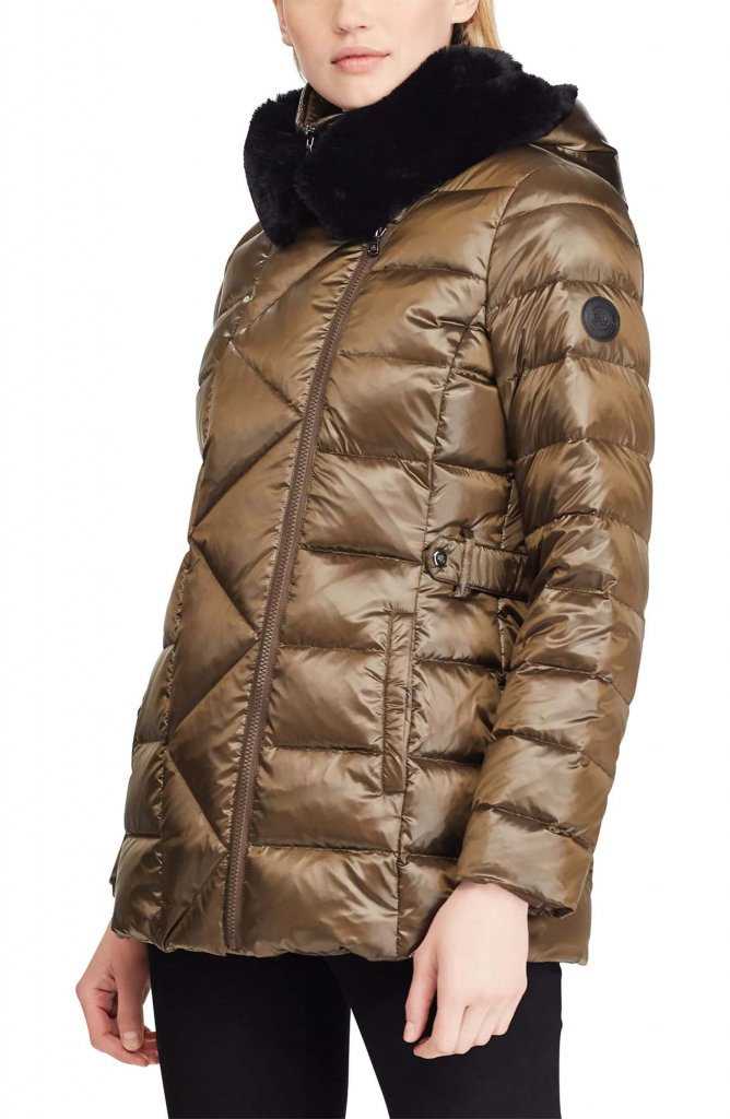 Ralph Lauren Asymmetrical Placket Faux Fur Trim Quilted Jacket