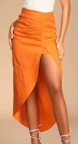 Stun and Sand Bright Orange Ruched Linen Midi Skirt
