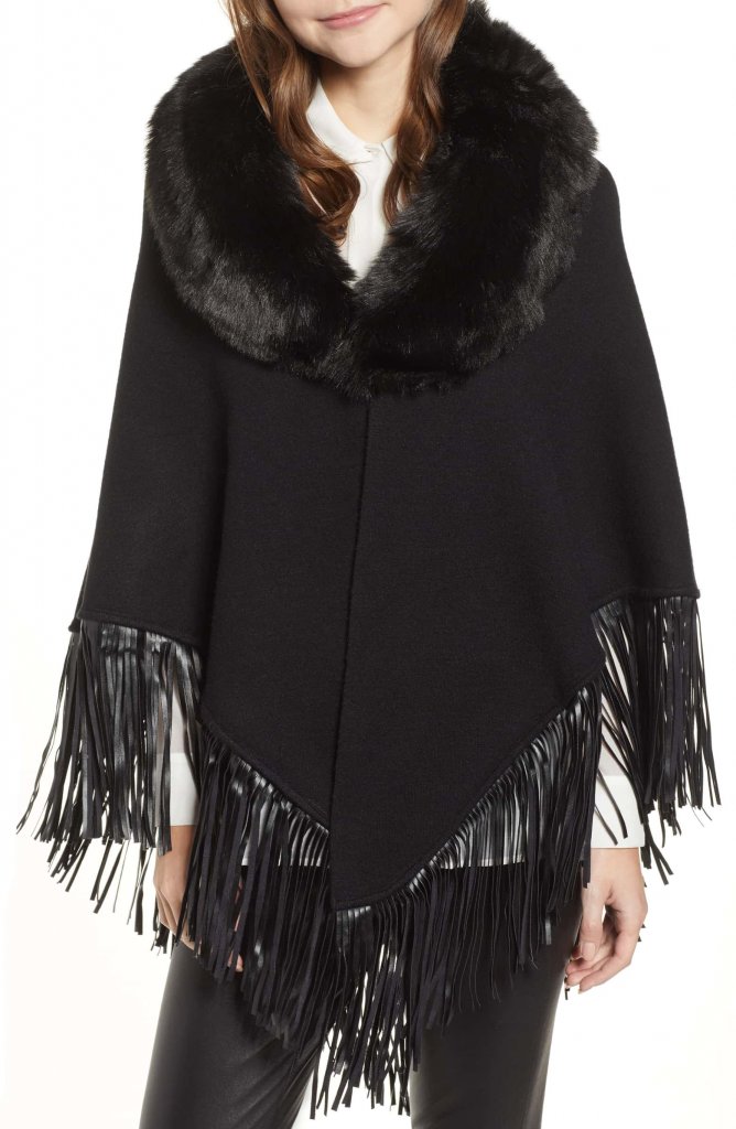 Love Token Fringe Poncho With Detachable Faux Fur Collar