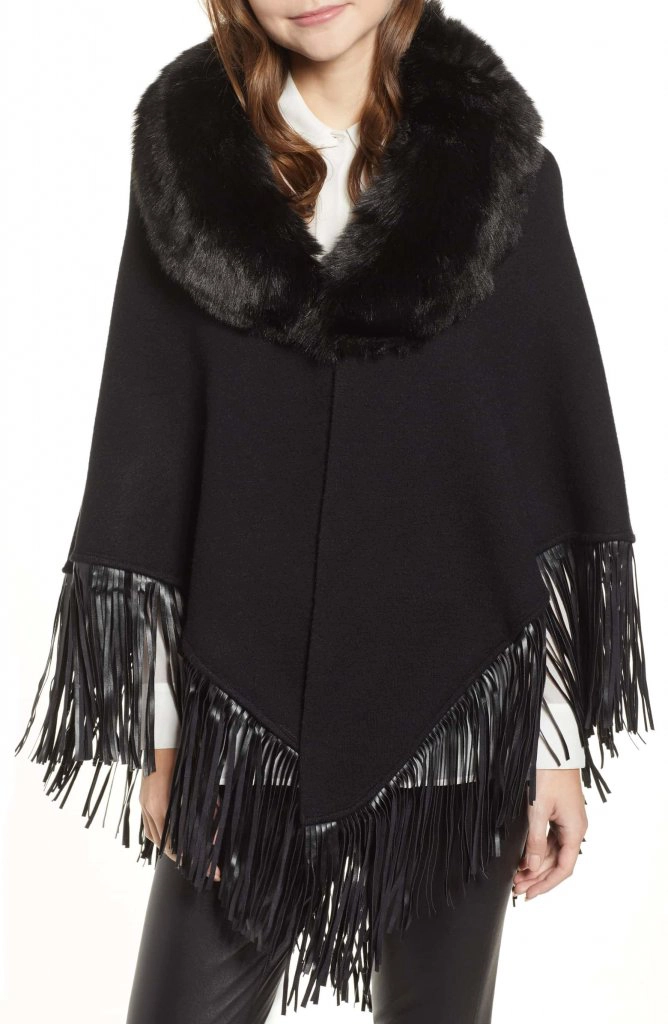 Love Token Fringe Poncho With Detachable Faux Fur Collar
