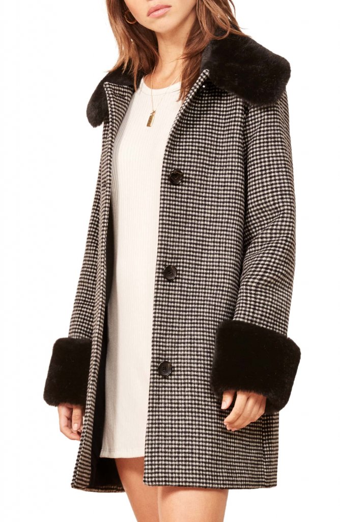 Reformation Lucille Faux Fur Trim Coat