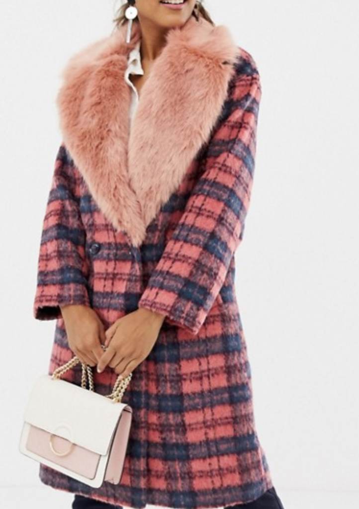 Asos Faux Fur Collar Check Coat