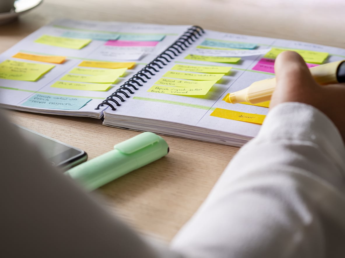 Woman tracking accomplishments in a journal