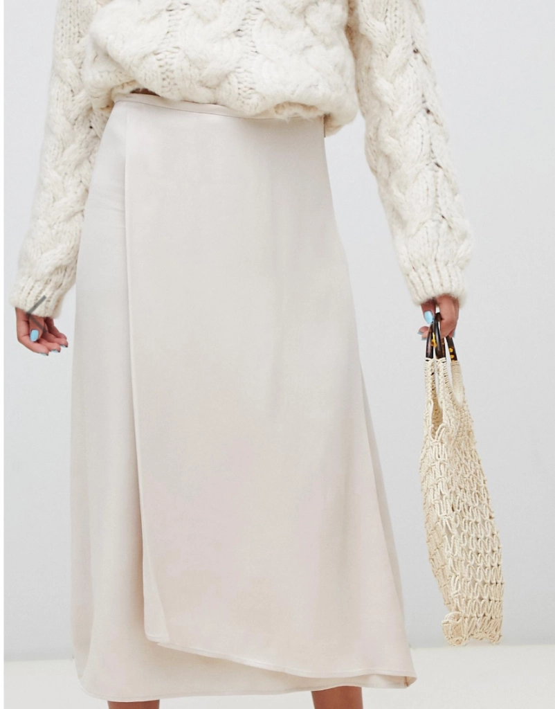 Mango satin wrap front midi skirt in camel