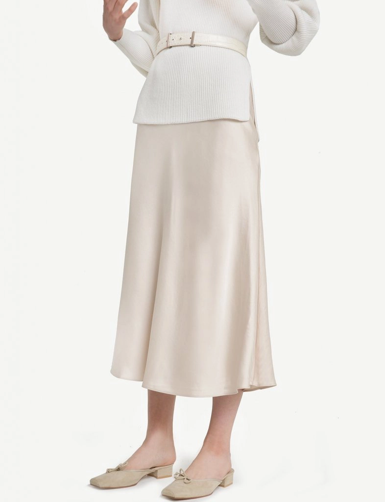 Rene Beige Satin Long Skirt