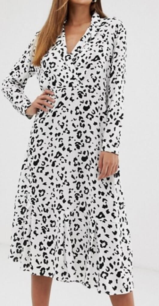 Asos Design Collar Detail Midi Dress In Mono Leopard Print