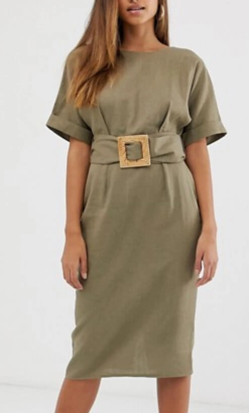 Asos Design Midi Wiggle Dress In Linen With Buckle Belt