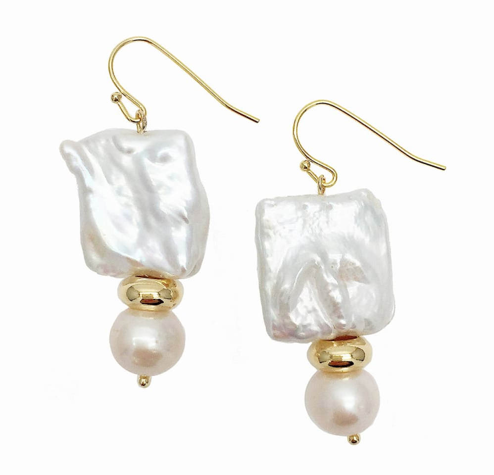 Farra Rectangular & Round Freshwater Pearls Drop Earrings