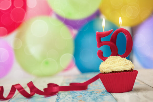 50th birthday gift ideas; cupcake with balloons and a 50 candle