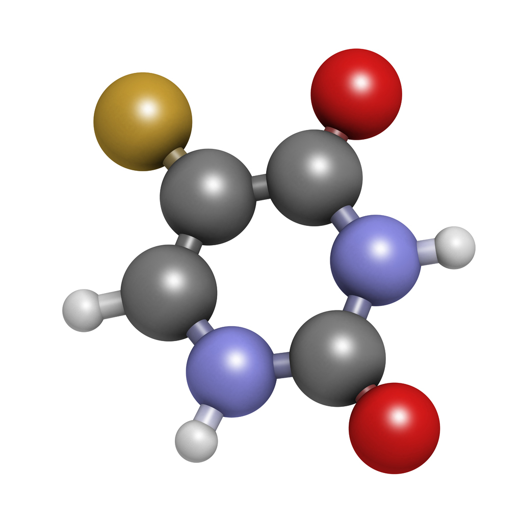 Fluorouracil (5-FU, FU) cancer chemotherapy drug molecule.