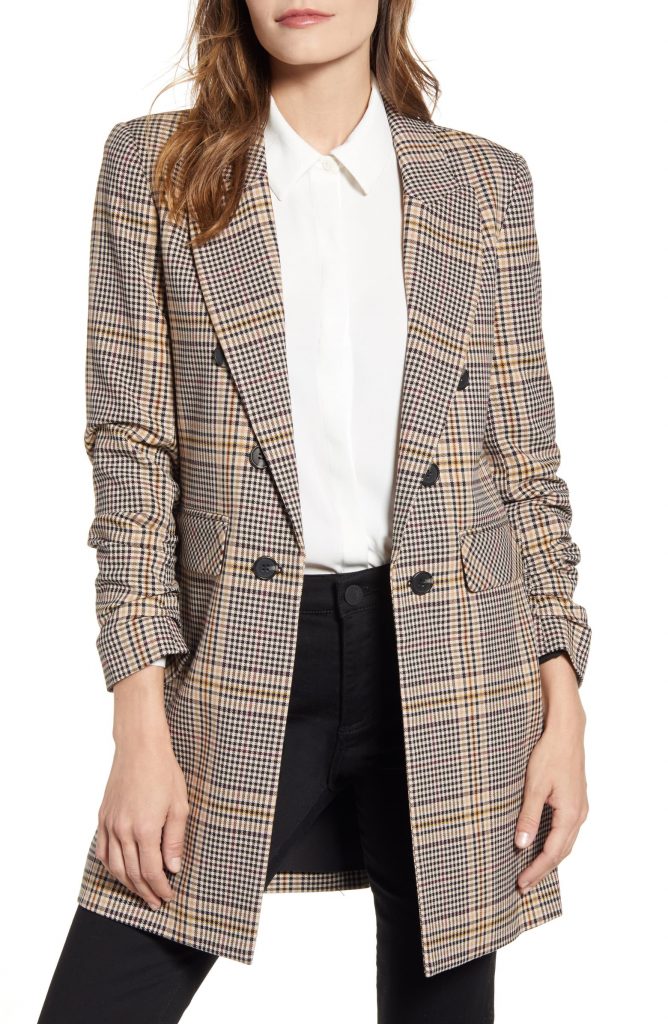 1-State Ruched Sleeve Plaid Blazer