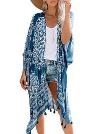 Dokotoo Womens Floral Print Kimono Tassel Casual Cardigan Loose Cover up