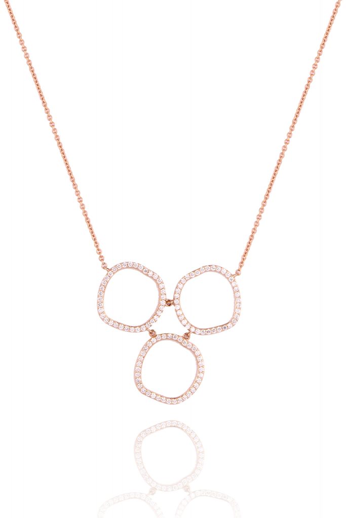 This modern halo 3 circle necklace by Lark and Berry is made with lab grown and therefore beyond ethically sourced diamonds