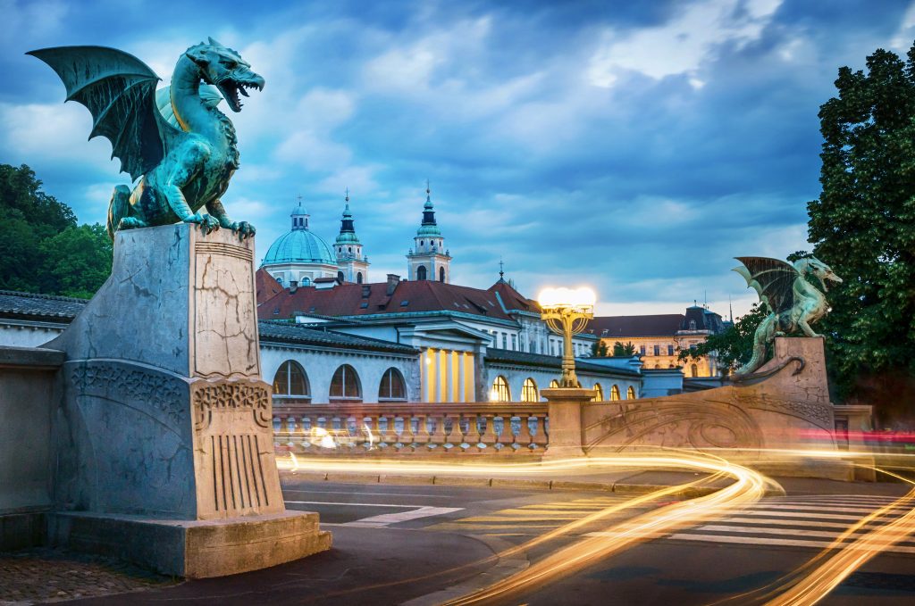 Dragon bridge (Zmajski most), symbol of Ljubljana, capital of Slovenia, Europe. budget travel to europe