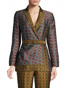 This jacquard blazer boasts a bold scarf print. 