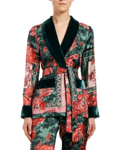 This scarf print blazer also has velvet embellishments. 