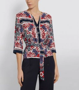 Some scarf print blouses have a satin sheen. 