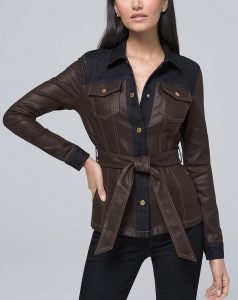 This coated denim jacket can work in a business casual look.