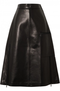 The pocket on this stylish leather A-Line skirt adds a unique detail. 