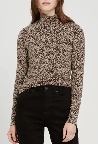 Frank and Oak Leopard Printed Long-Sleeved Mockneck in Brown
